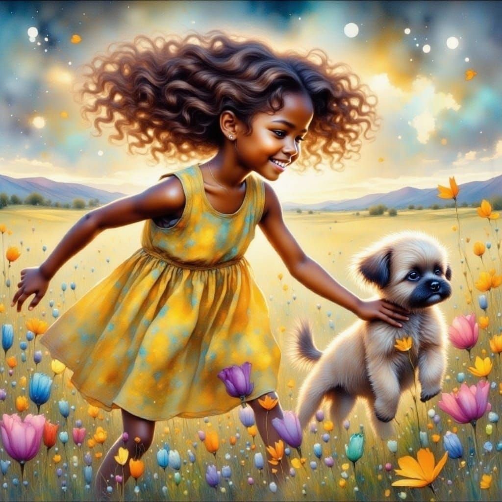 Girl Flying Kite With Puppy in Flower Field