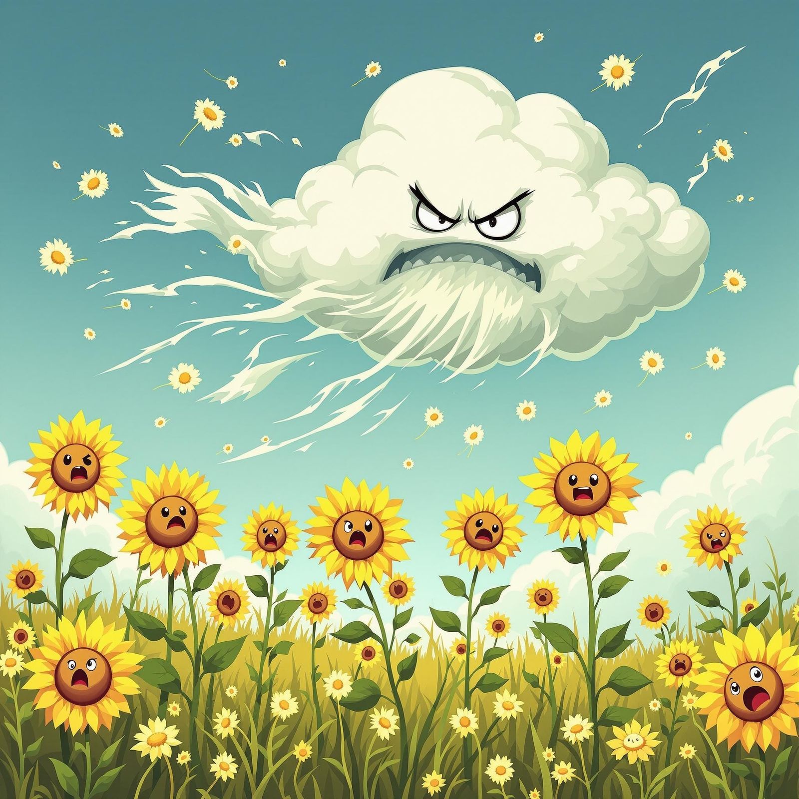 Cartoon Cloud Causes Chaos Among Sunflowers