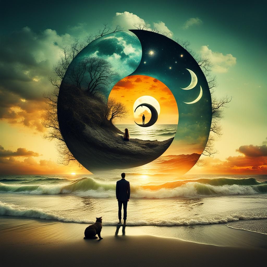 Surreal Beach Sunset with Yin Yang Sun and Moon