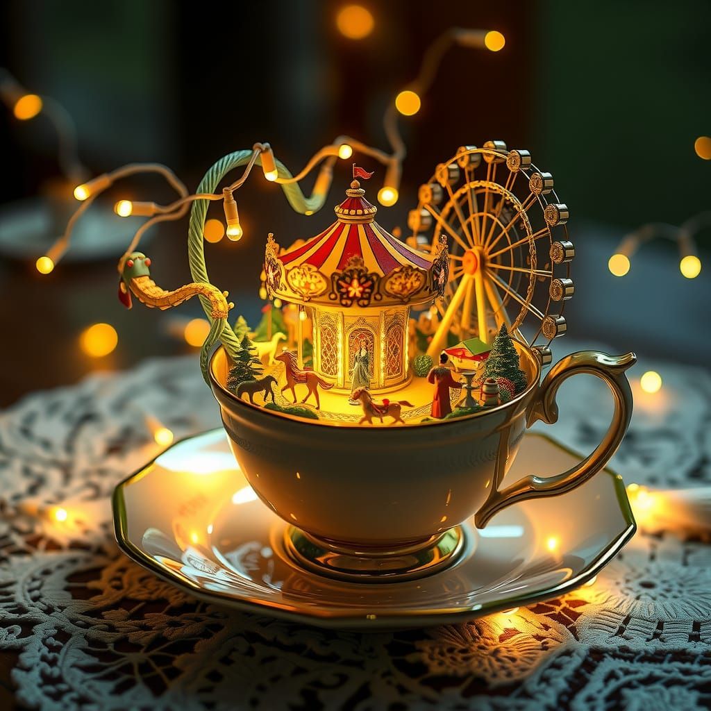 Miniature Theme Park Blooms Inside Golden Lit Teacup