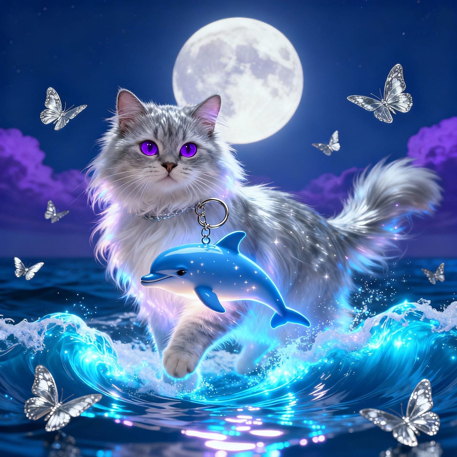 Ethereal Cat with Glowing Dolphin Companion in Moonlit Sea