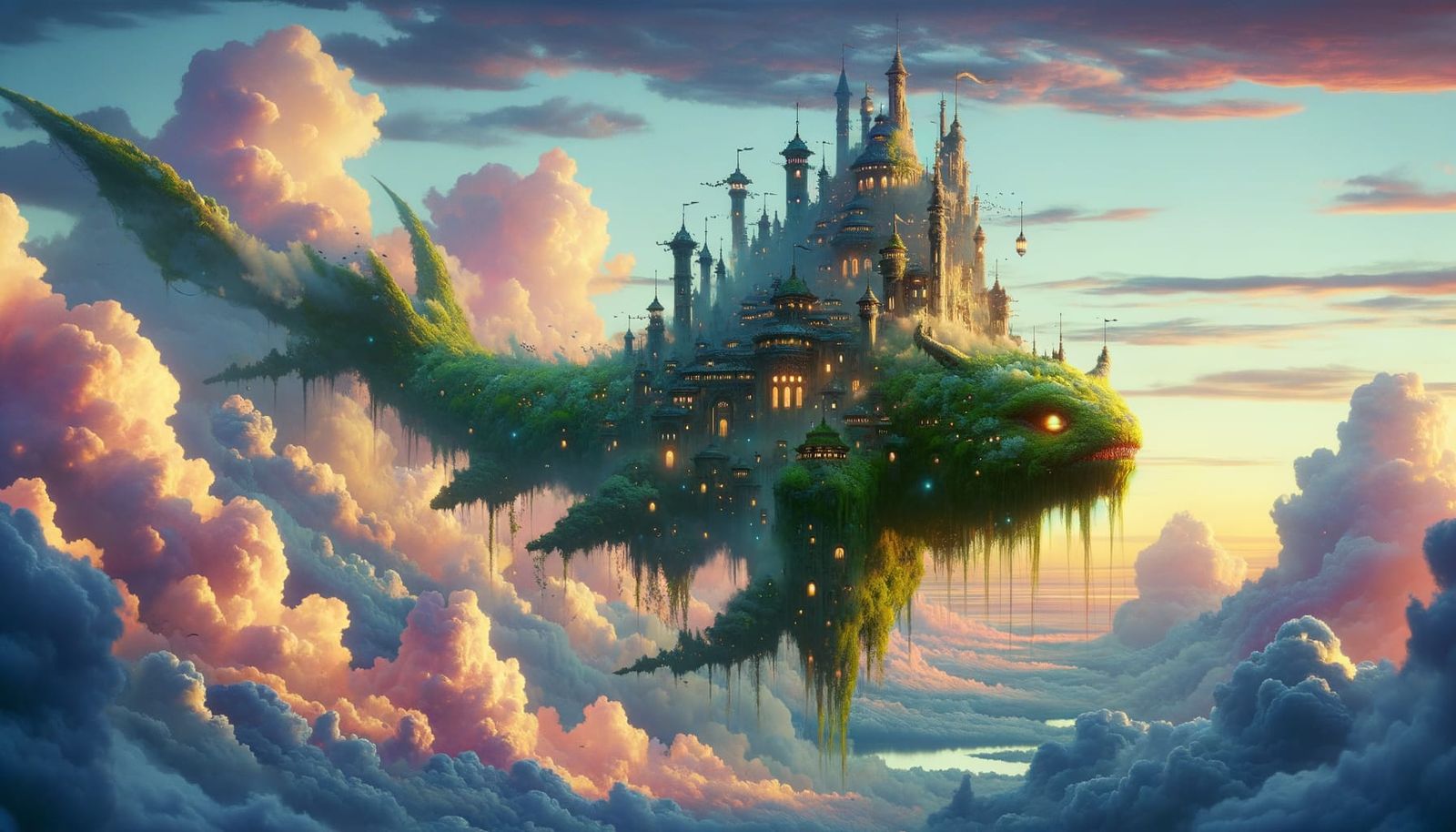 Ethereal Sky Castle on Ancient Leviathan Drifts Through Drea...