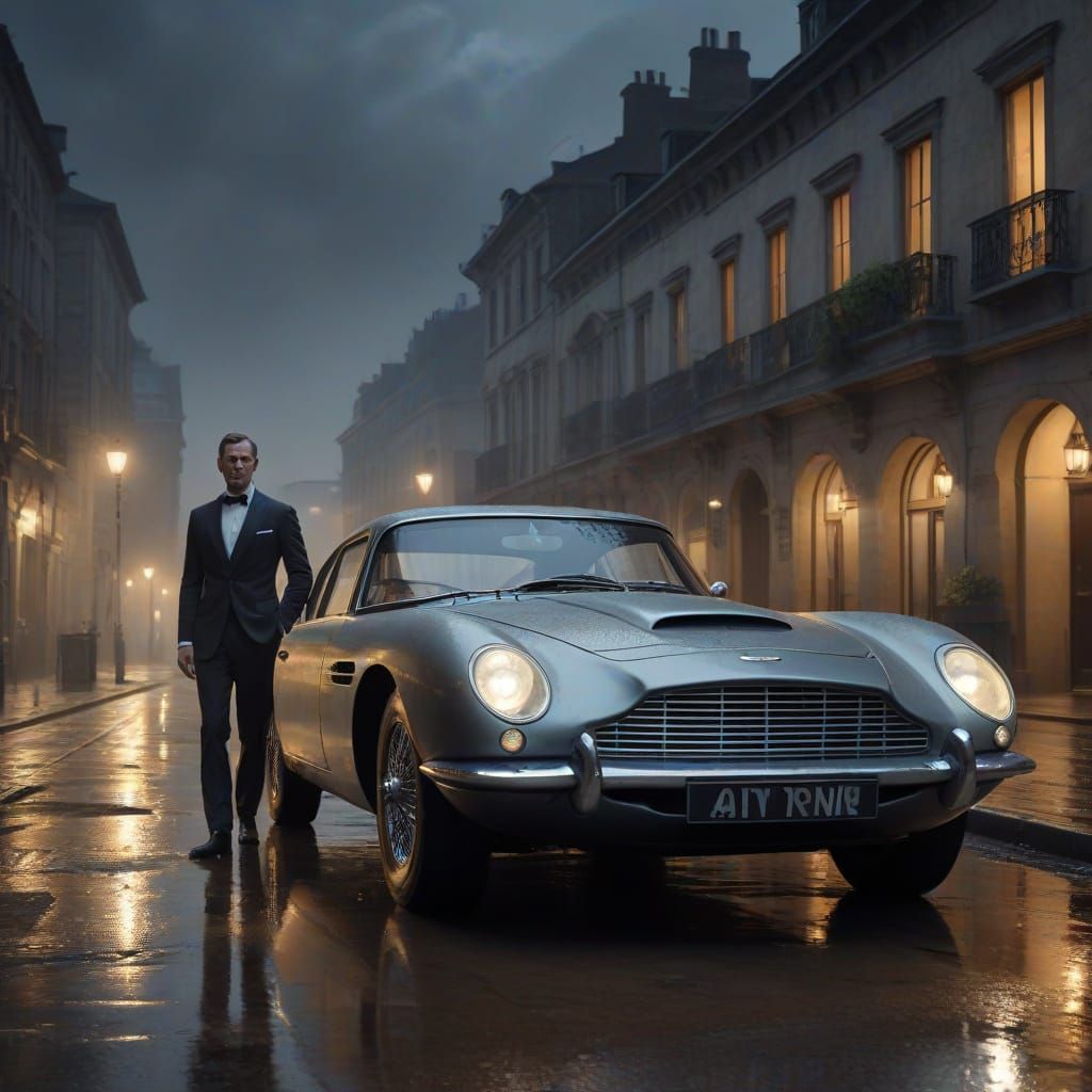 James Bond Leans Against Sleek Aston Martin Under Moonlight