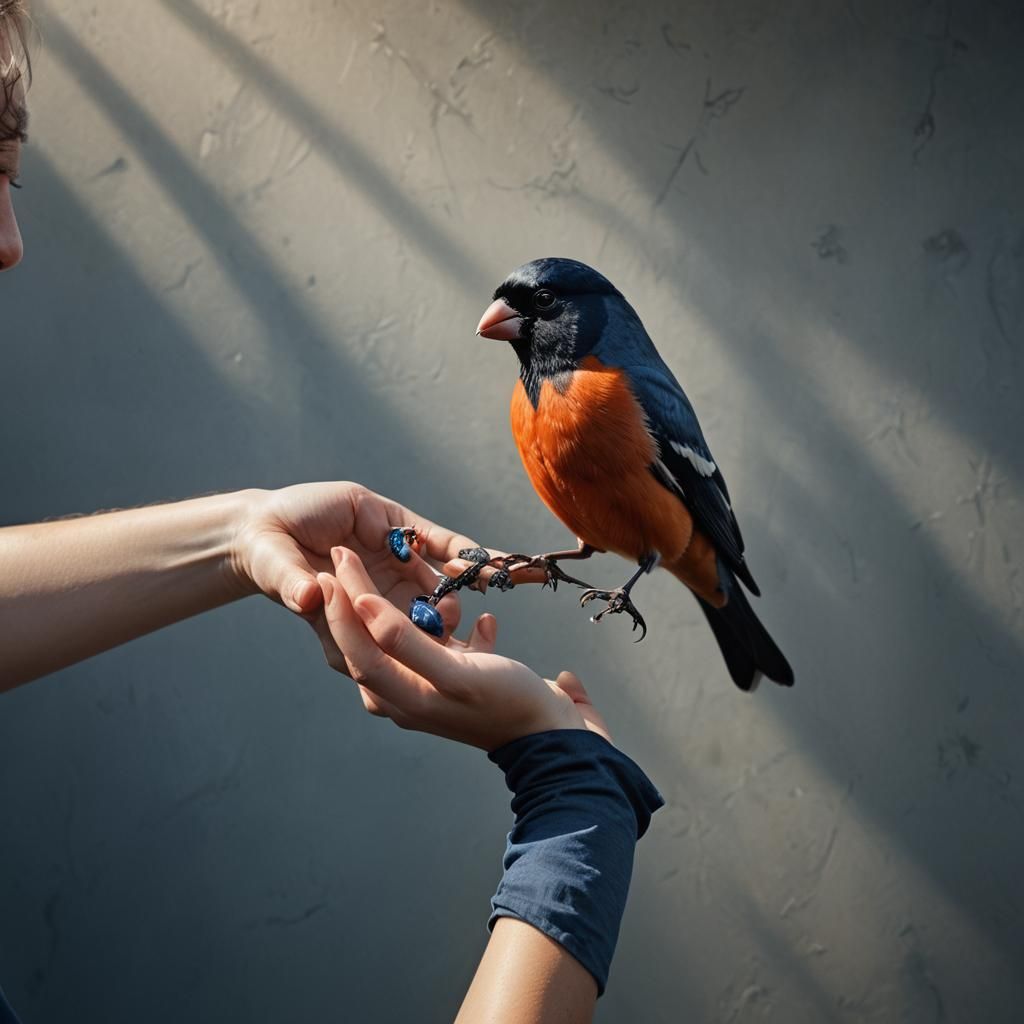 Woman's Hand Holding Bullfinch in Grayscale Photo