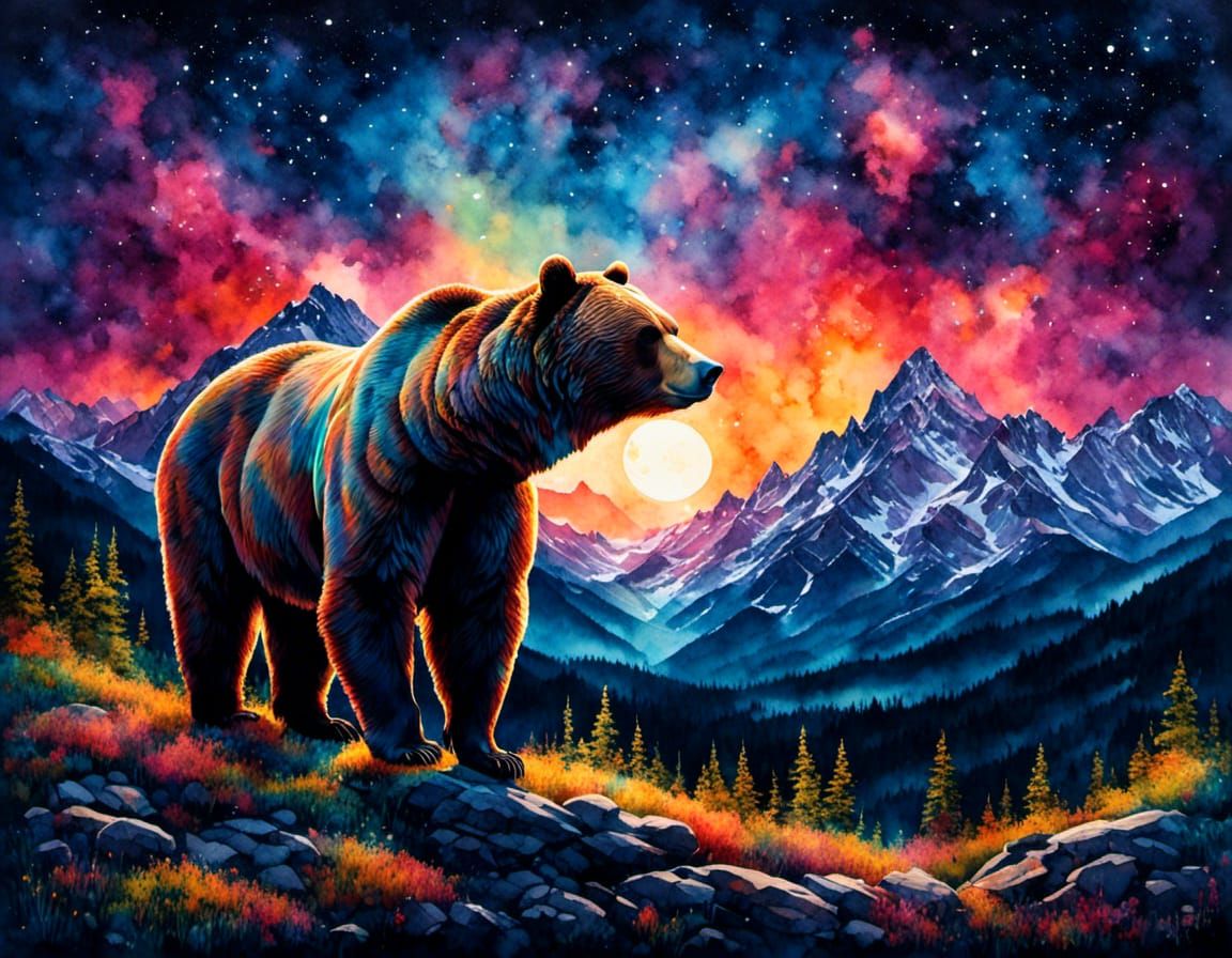 Colorful Watercolor Grizzly Bear Under Starry Sky
