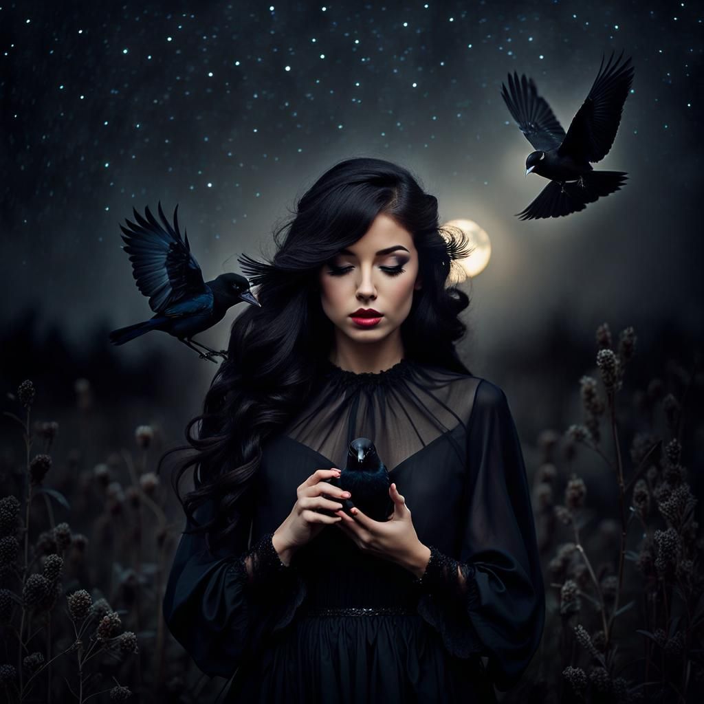 Girl with Blackbird in Starry Night Portrait