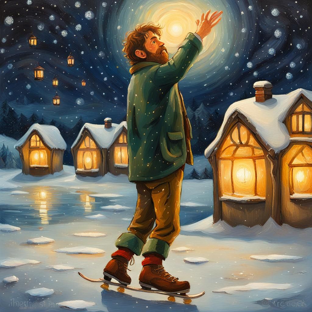 Hobbit Ice Skating in Snowy Shire at Night