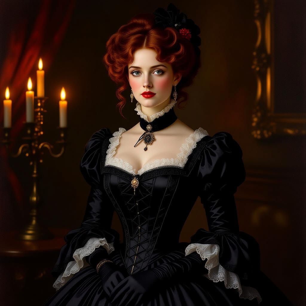 Victorian Woman in Black Dress by Candlelight