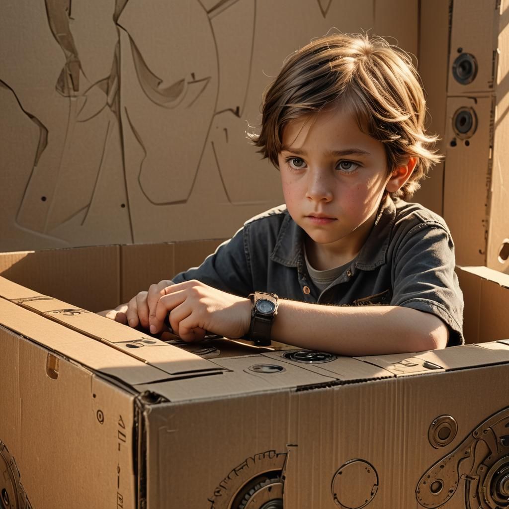 Child's Curiosity: Hyper-Realistic Cardboard Box Concept Art