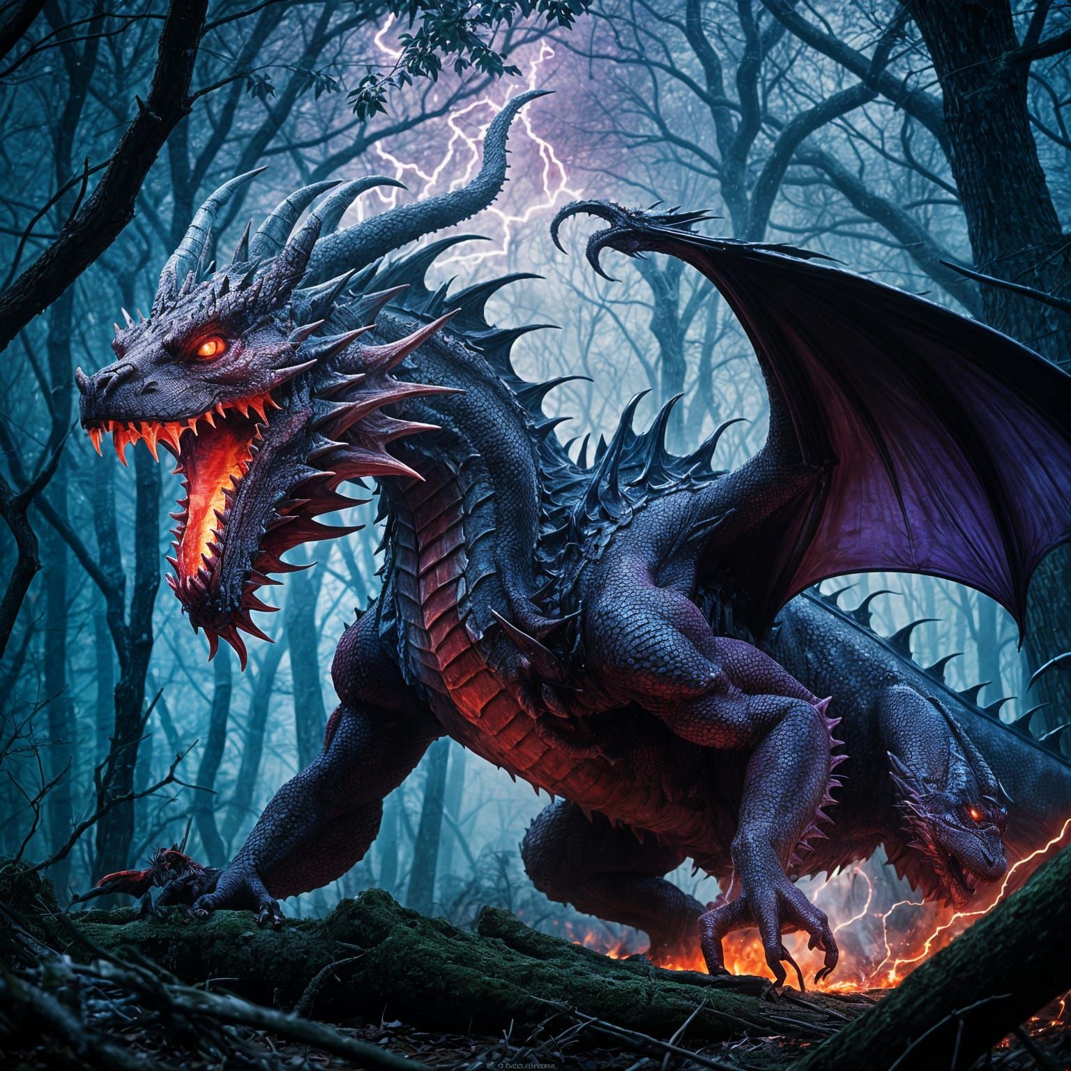 Red and Purple Dragon in Stormy Woods, Gothic Art