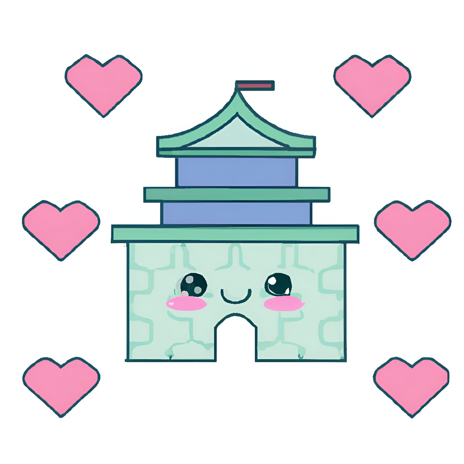 Cute Kawaii Pastel Green & Blue Japanese Castle With Pagoda Roof