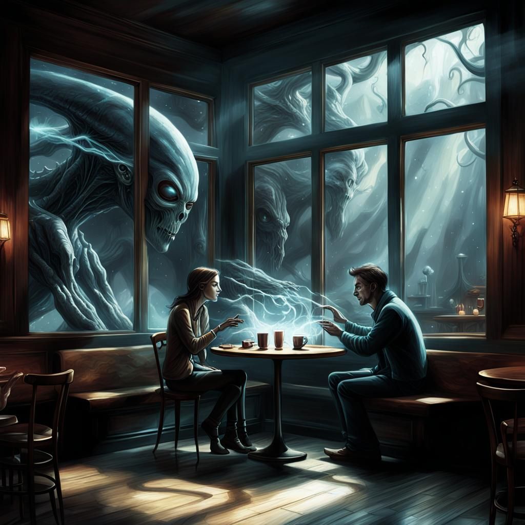 Enchanted Coffee Shop Encounter: Dark Fantasy Concept Art