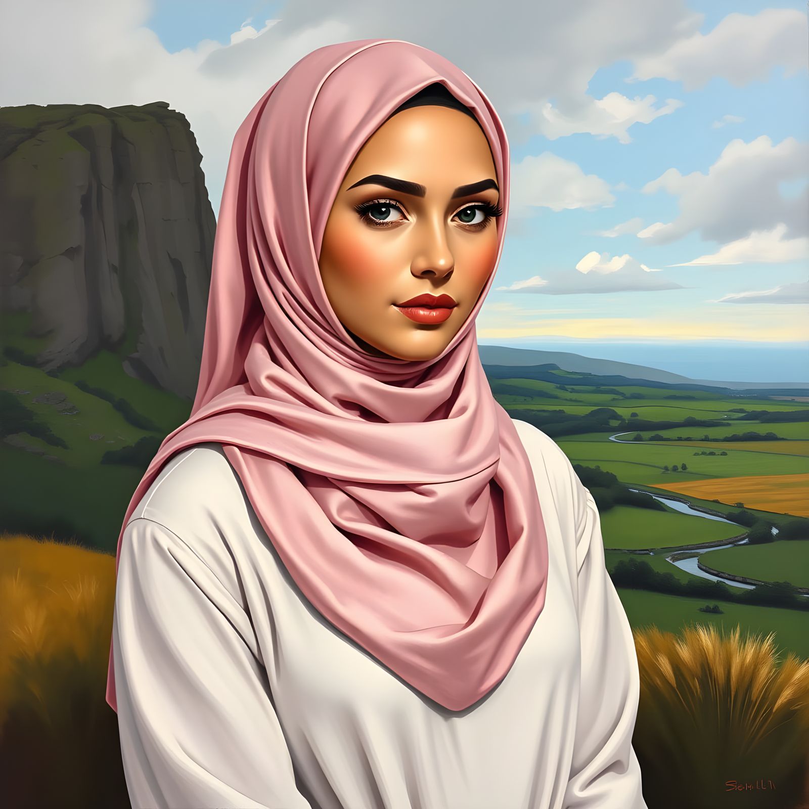 Beautiful Hijabi Woman in Irish Landscape, Oil Painting