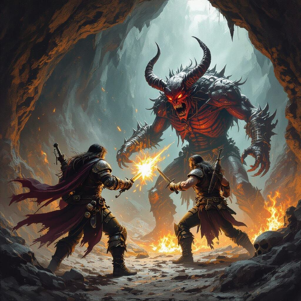 Adventuring Party Battles Demon in Gritty Cave