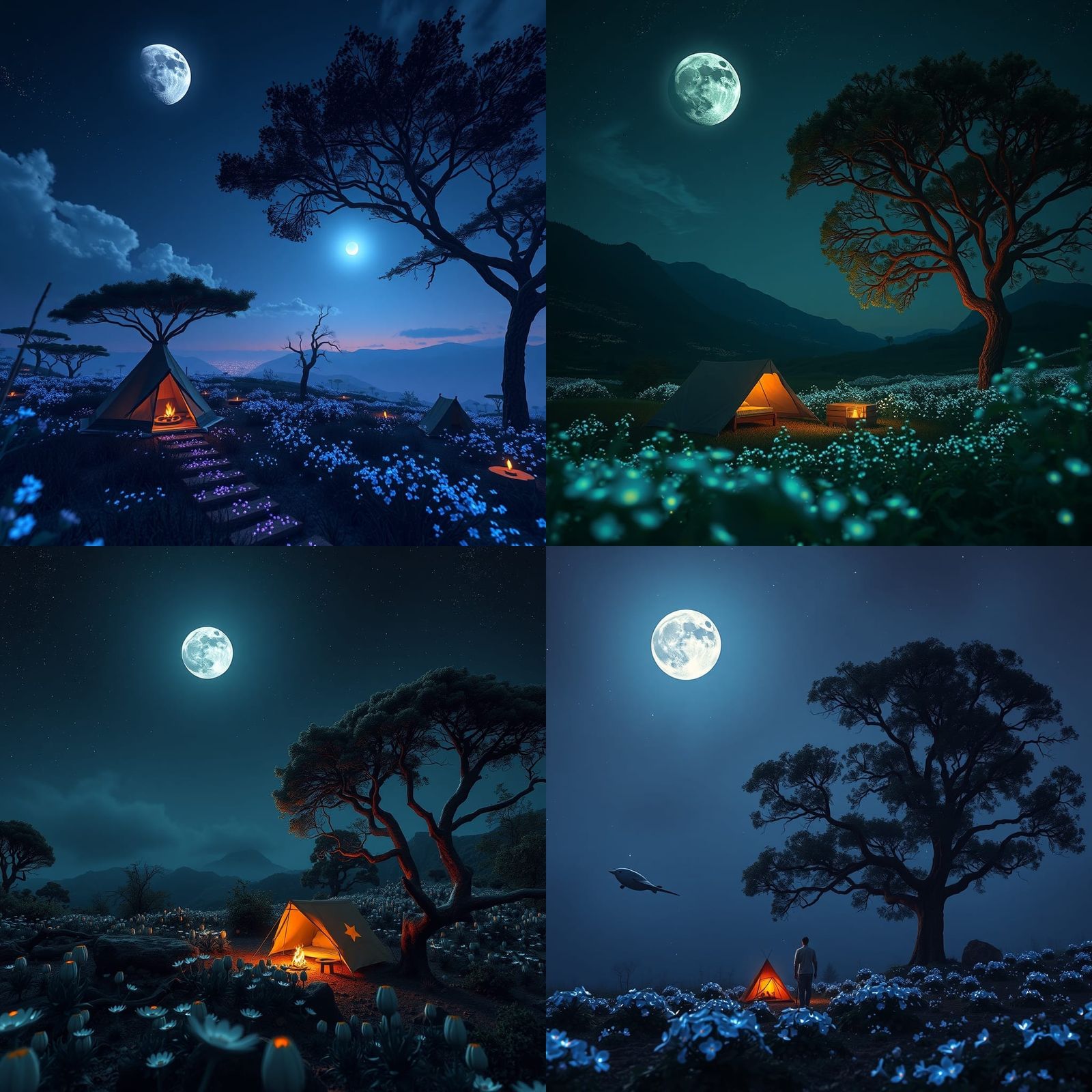Enchanted Camping Scene with Bioluminescent Flora