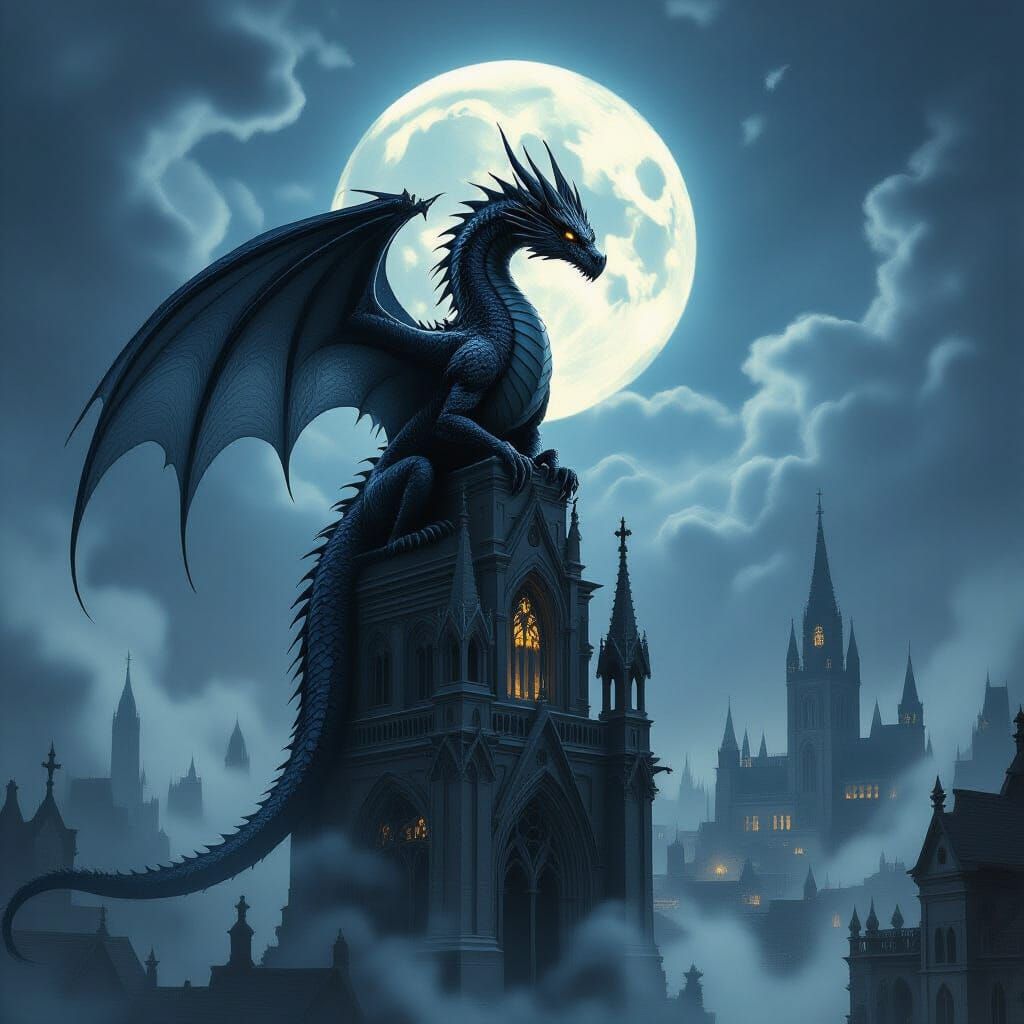 Obsidian Dragon on Gothic Cathedral Over Medieval City