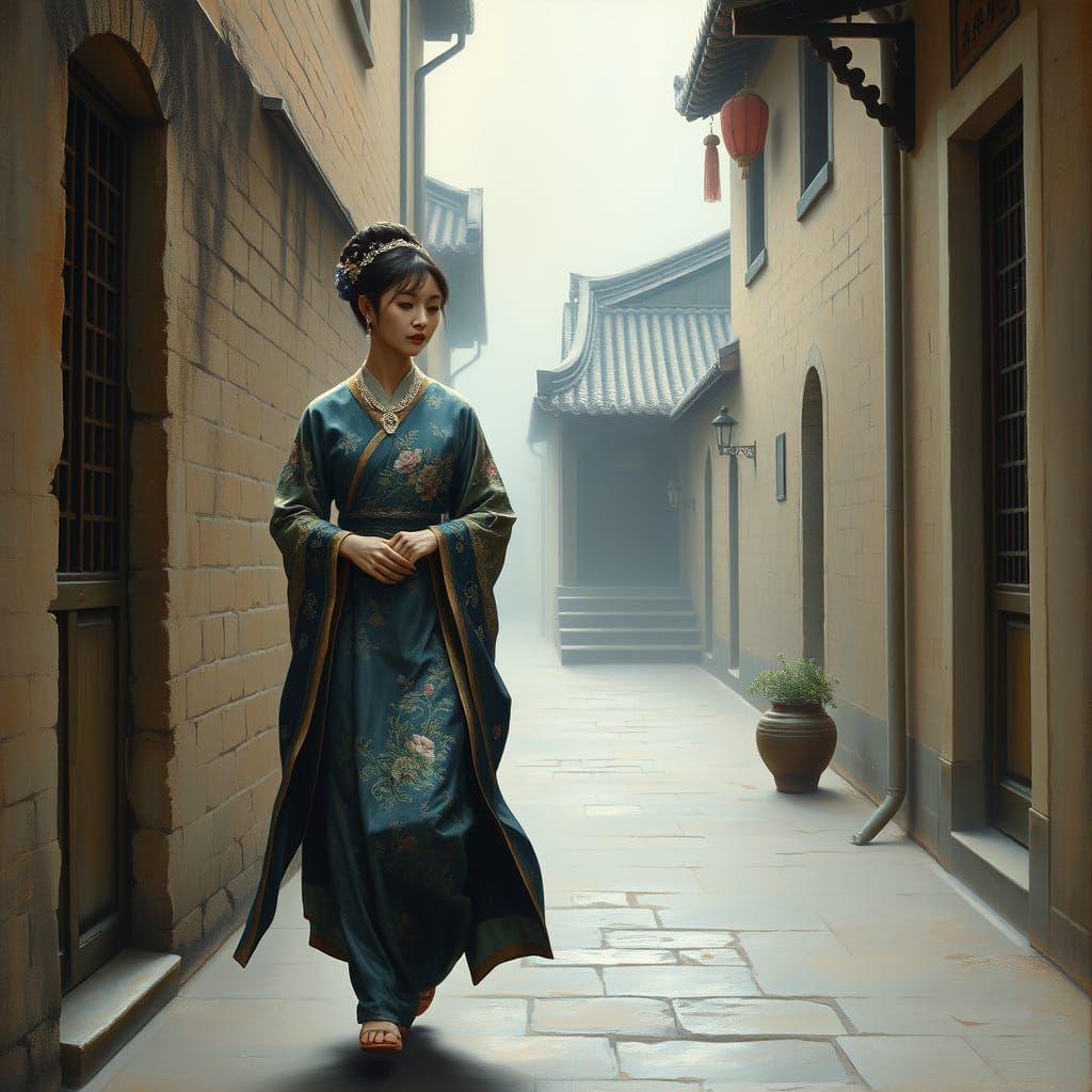 Elegant Chinese Concubine in Misty Street Scene