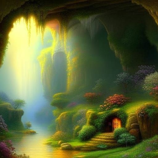 Ethereal Cave House in a Misty Fantasy Landscape