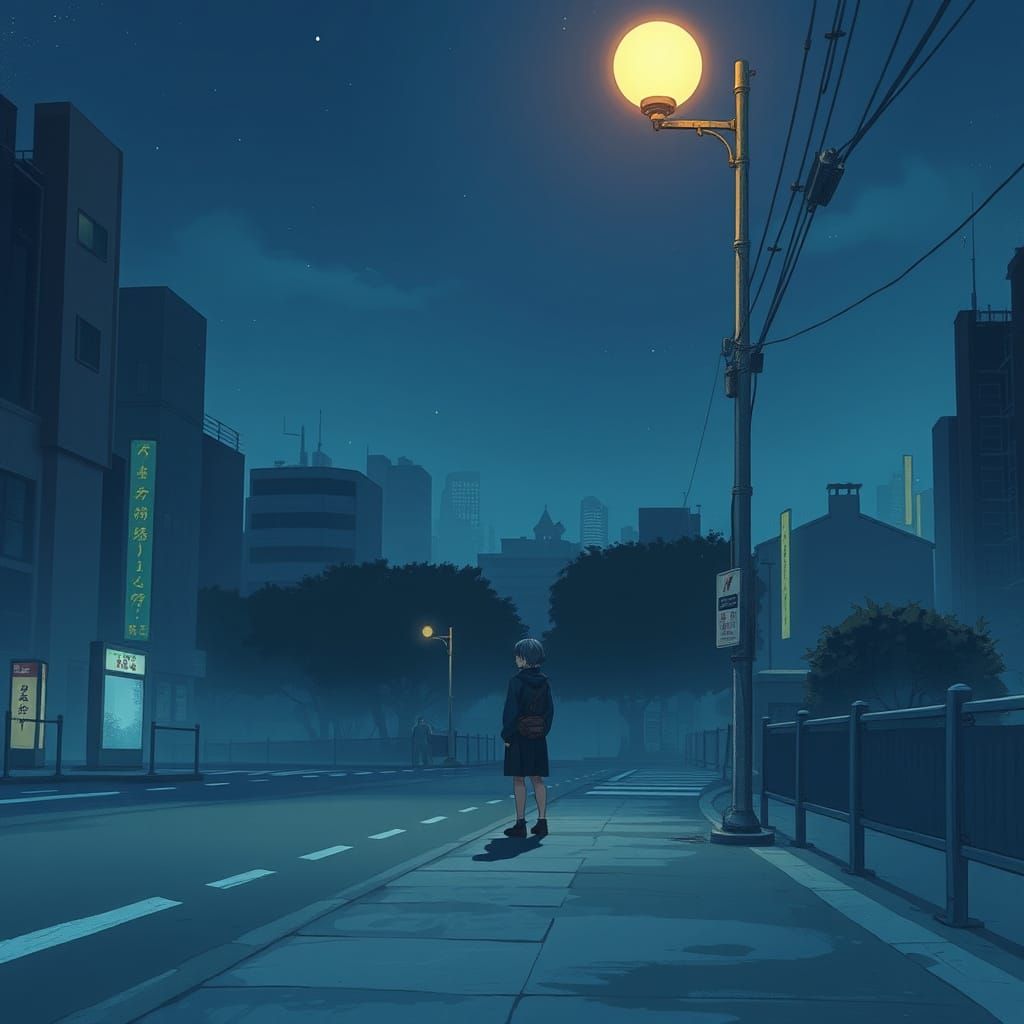 Lone Figure Under Tokyo Streetlamp at Midnight