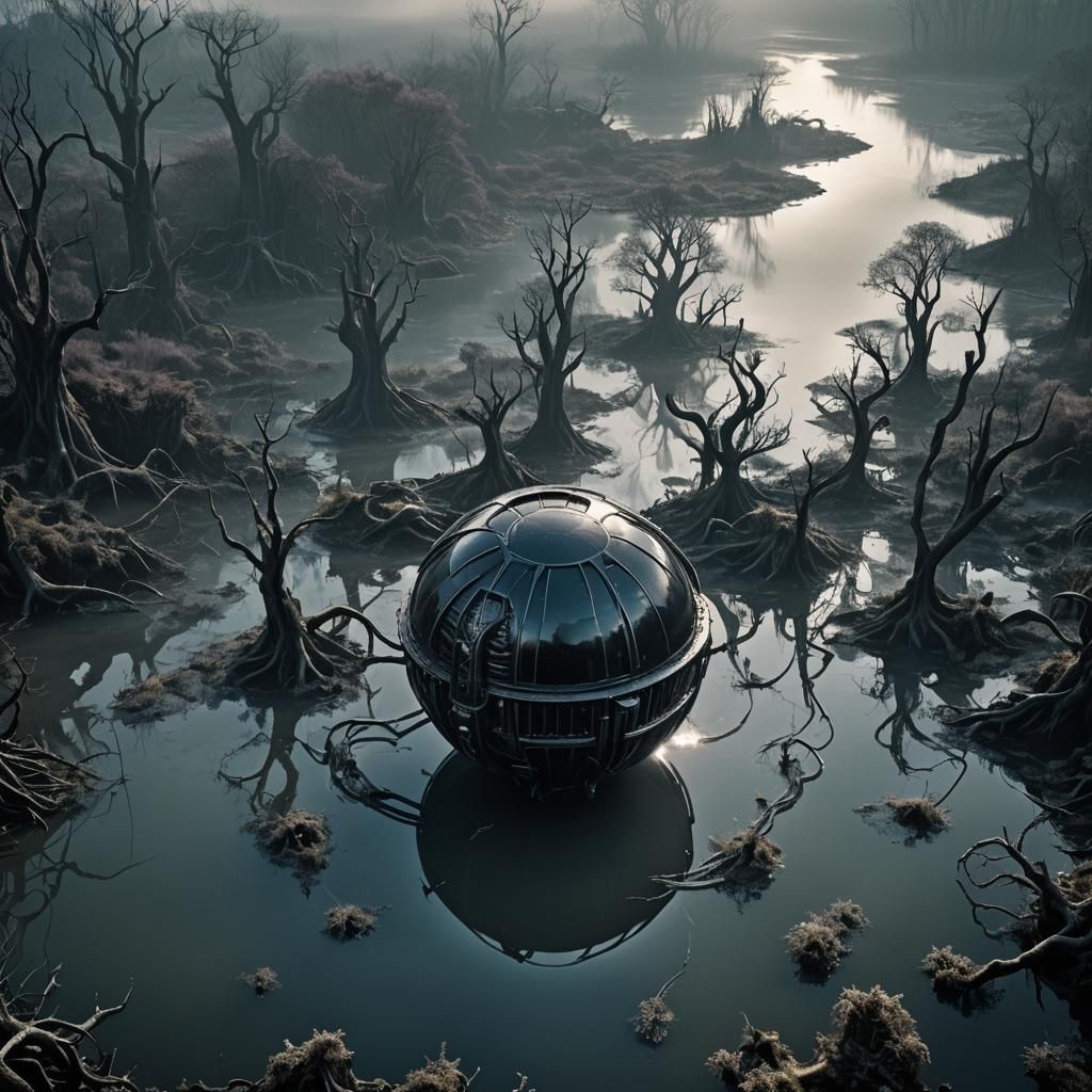 Glowing Orb over Biomechanical Swamp in Film Noir
