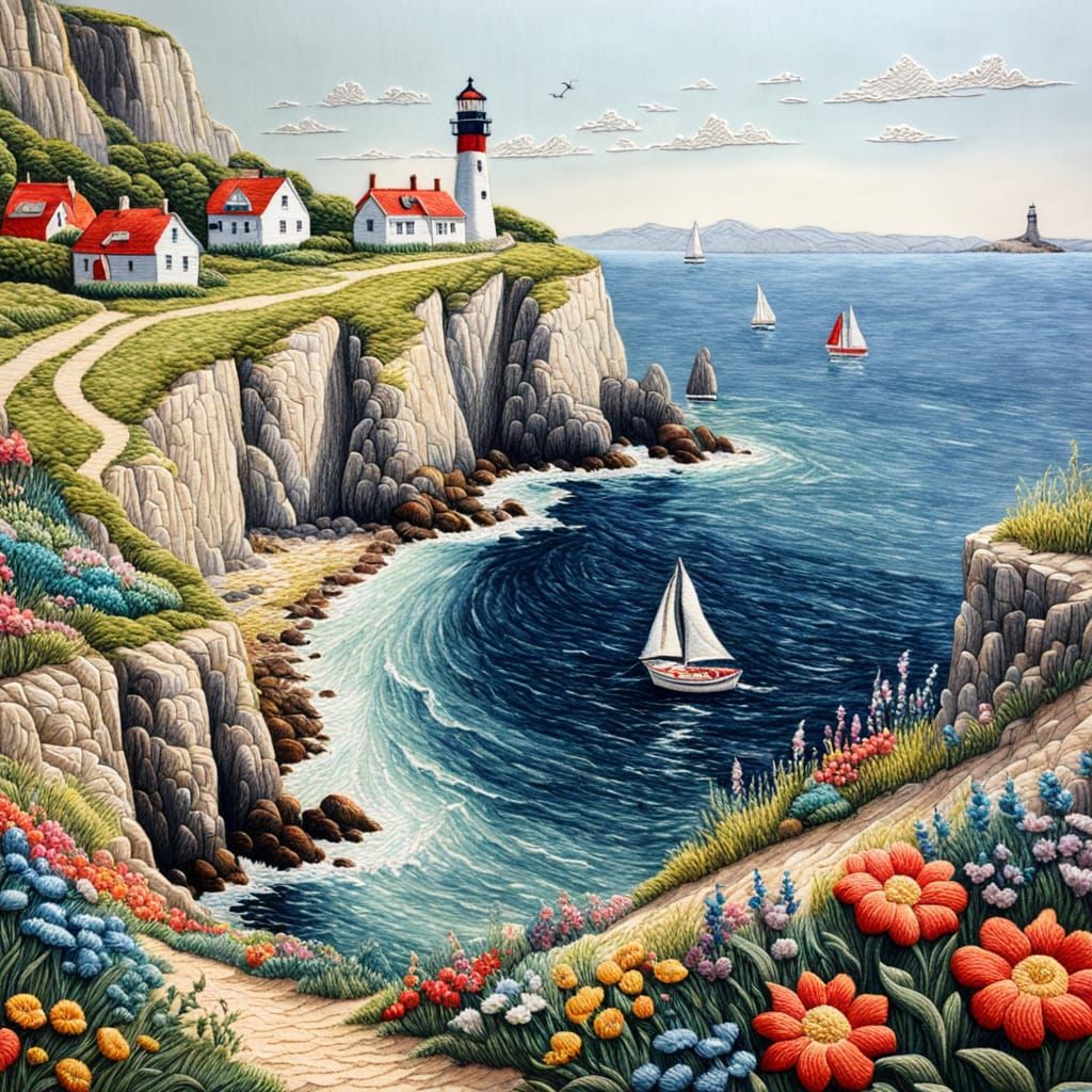 Embroidered Seascape with Sailboats and Lighthouse