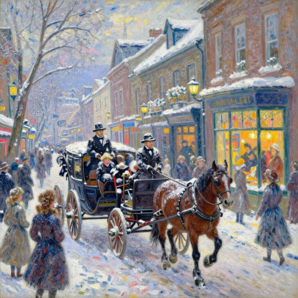Victorian Winter Street Scene in Impressionist Style
