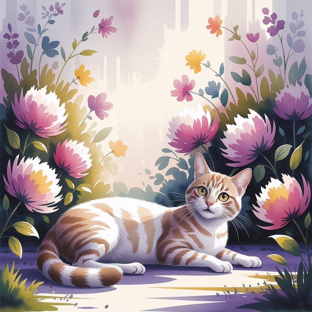 Serene Garden Scene with Whimsical Cat in Modern Watercolor ...