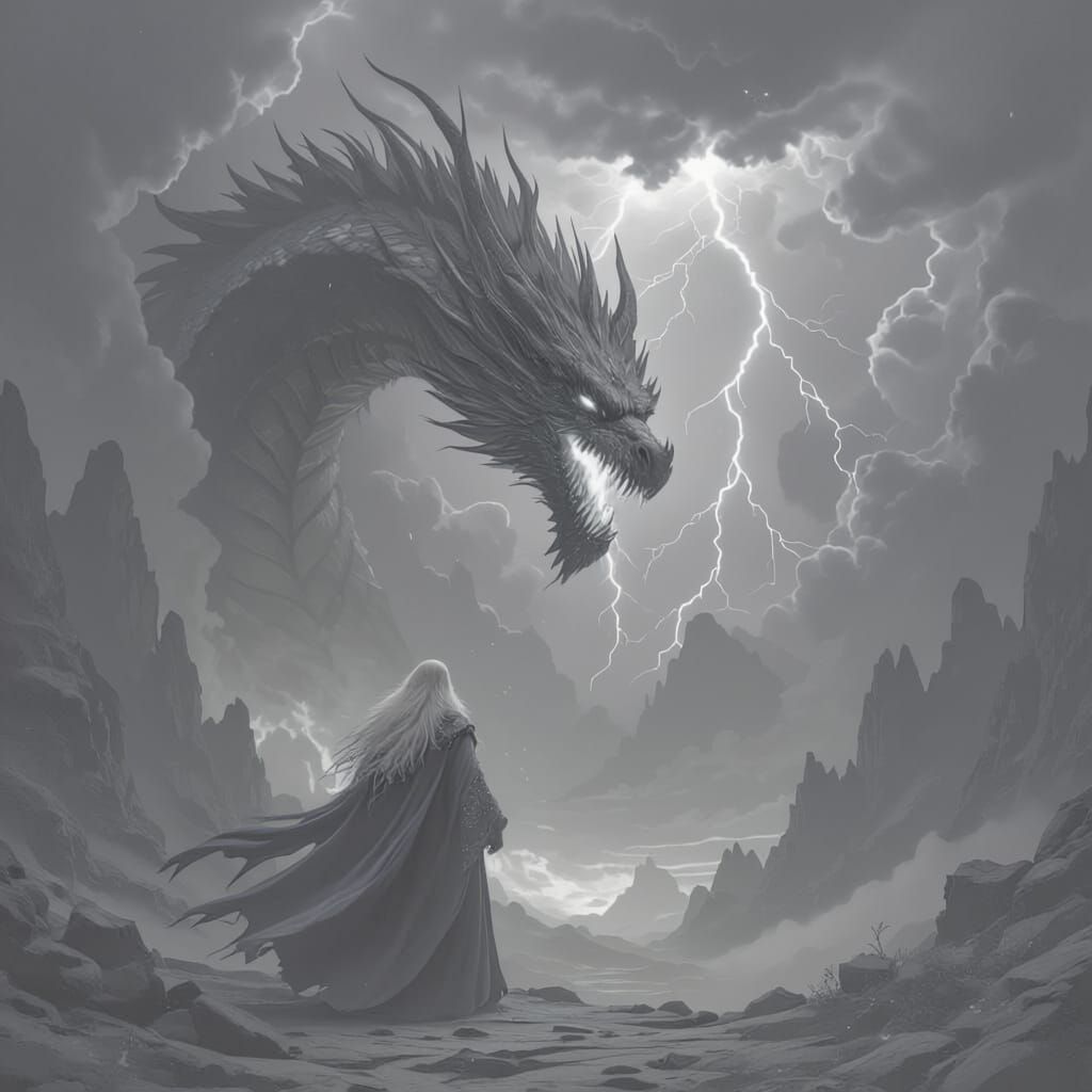 Wizard and Dragon Amidst Thunderous Mountain Skies