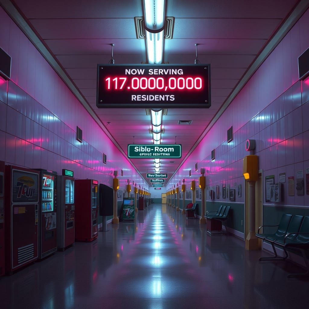 Retro-Futuristic Waiting Room in Soft Pastels and Neon Accen...