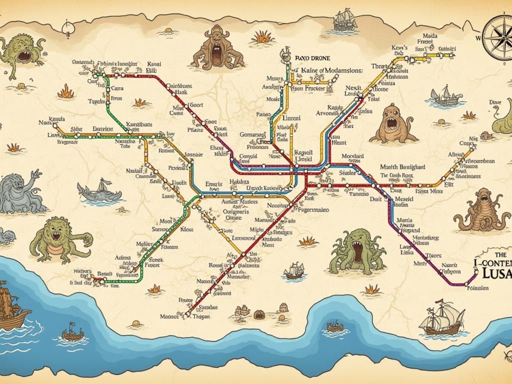 Pirate Treasure Map Style Metro Train Map with Monsters