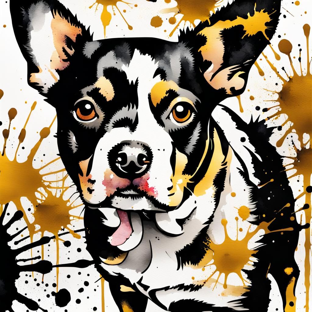Dog in Trash Polka Style with Watercolor Effects