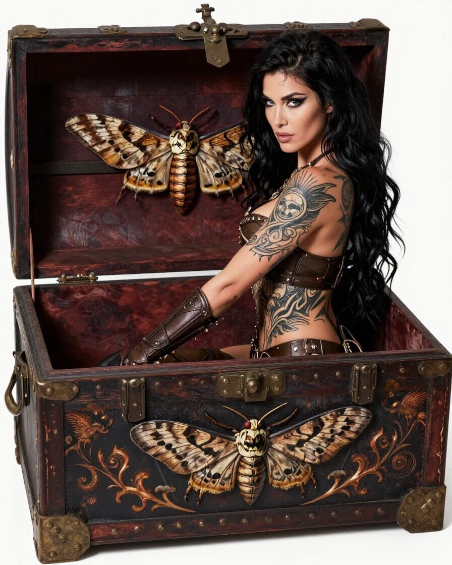 Female Warrior with Deathhead Moth Tattoo Ready to Attack