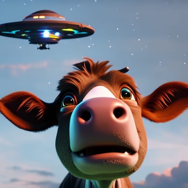 Surprised Cow Sees Flying Saucer in Night Sky