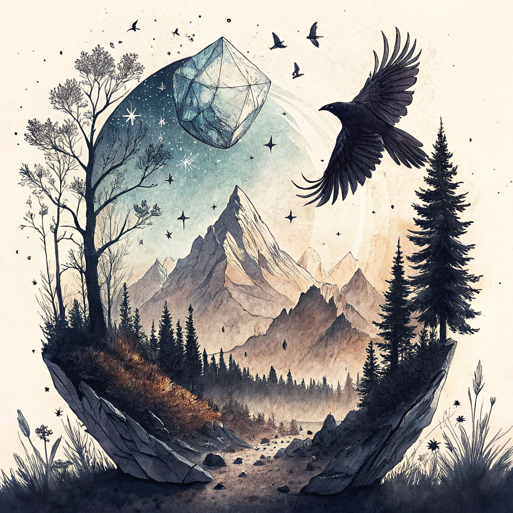 Astral Raven in Flight: Ink Splatter Landscape