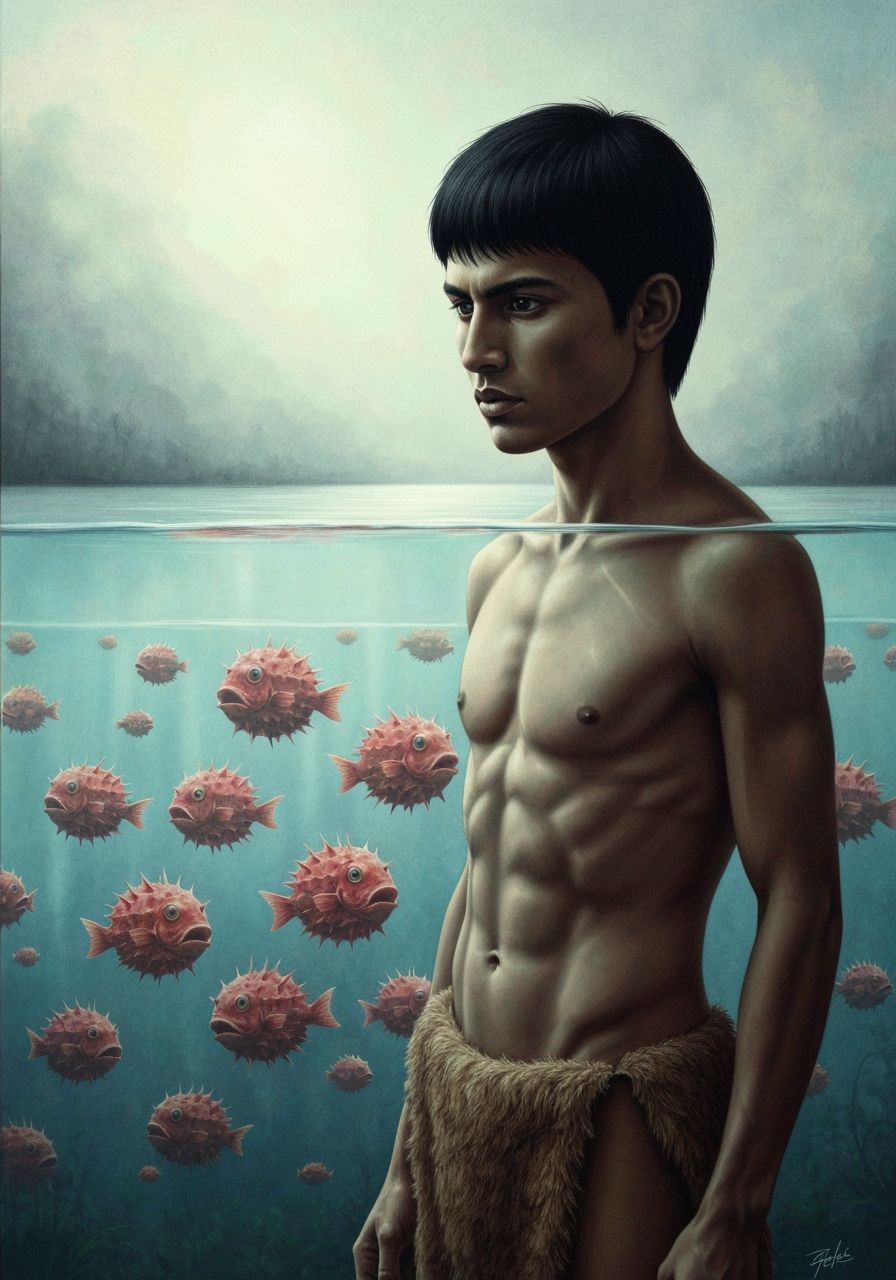 Indian Man Beside Transparent Lake with Spiny Fish