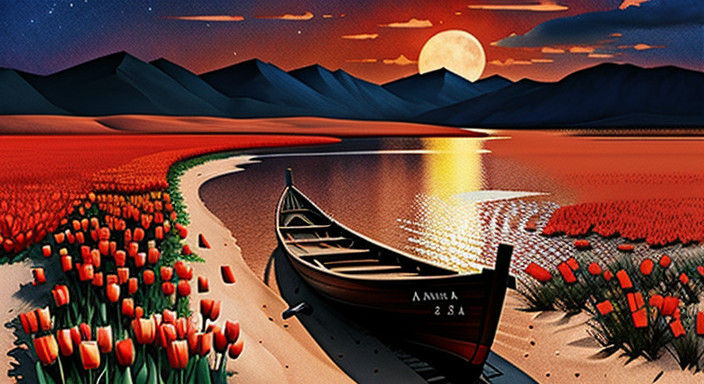 Ethereal Boat on Moonlit Waters in Dreamlike Digital Waterco...