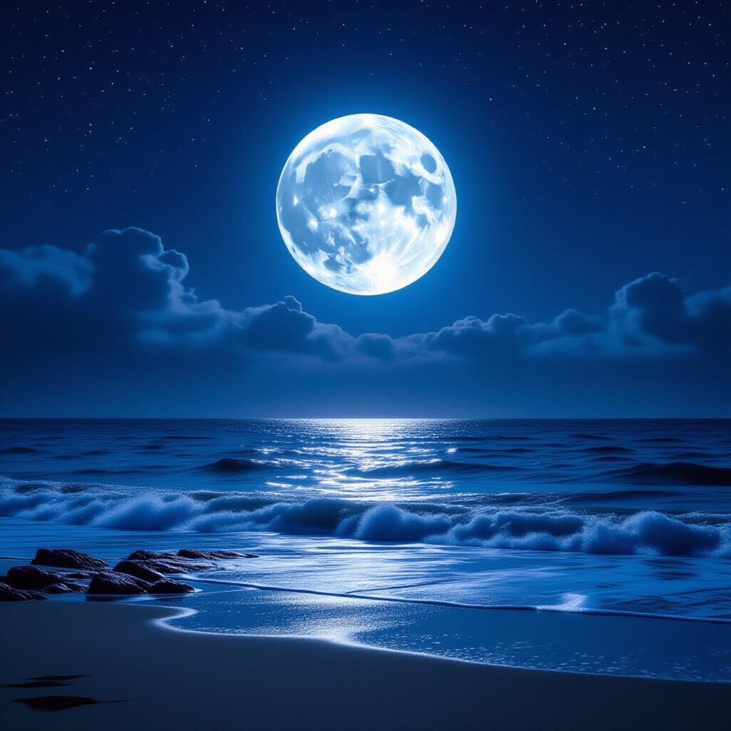 Full Moon Over Ocean at Night