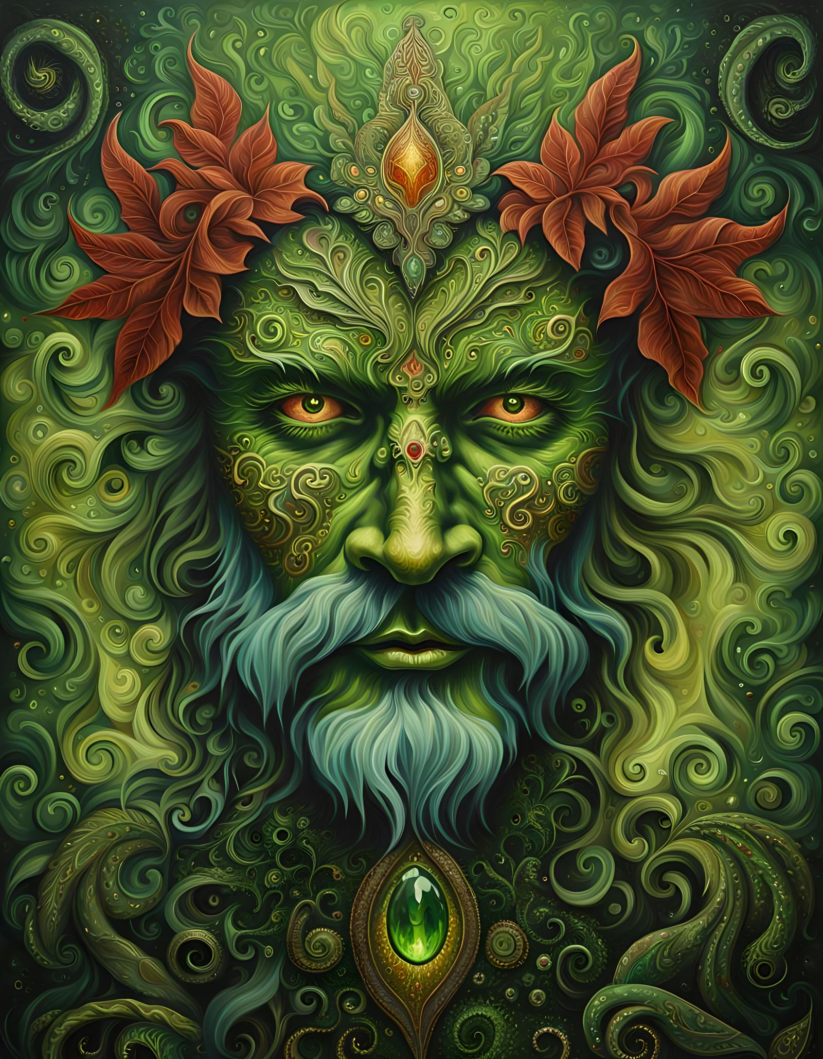 Mystic Greenman Portrait in Oil Paint with Filigree