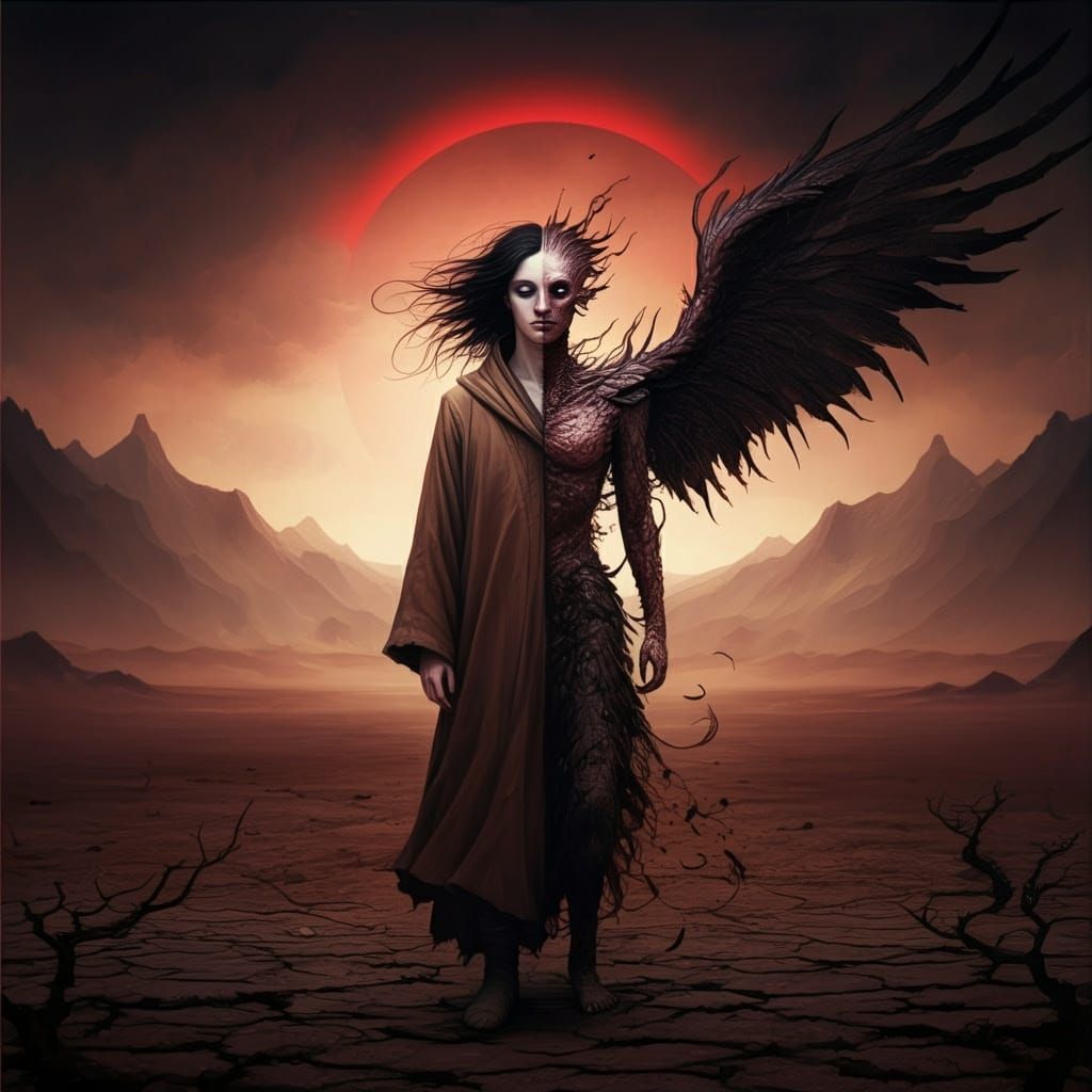 Eerie Traveler Stands Before a Bloody Eclipse in a Desolate ...