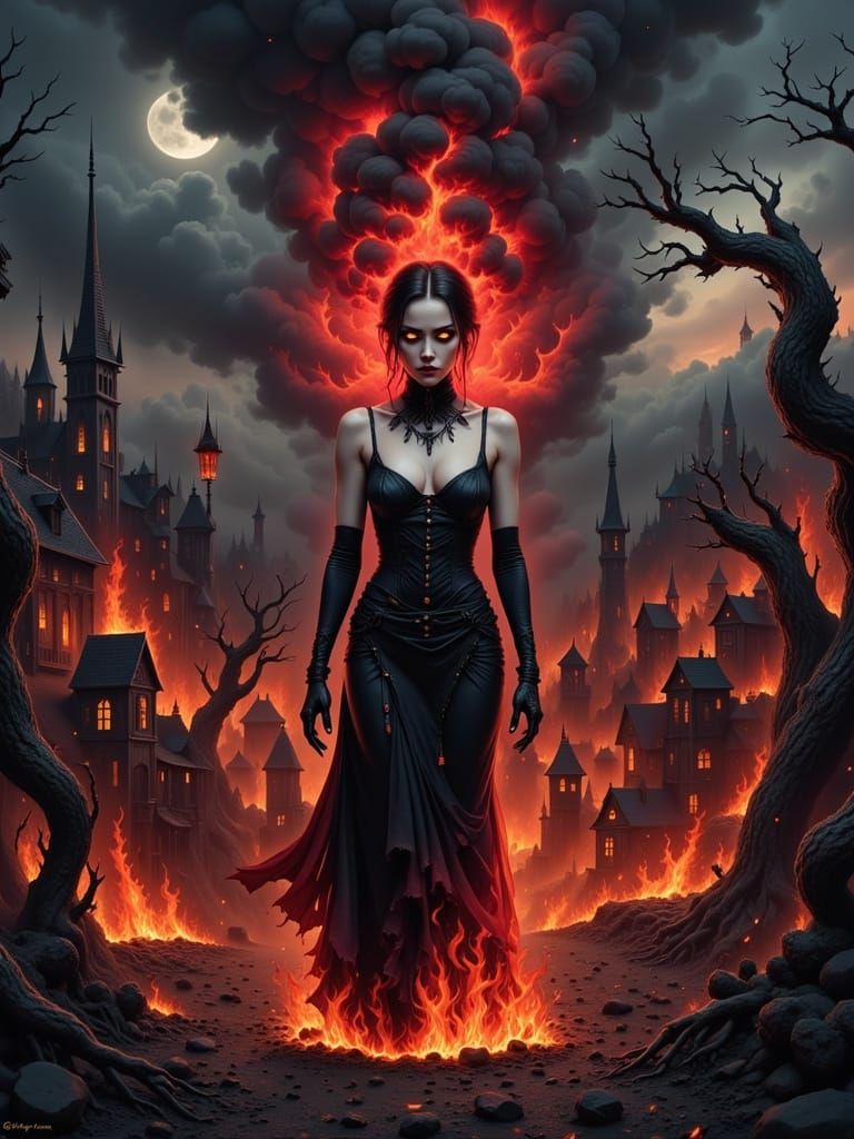 Fiery Gothic Goddess of Apocalypse in Dark Surreal Horror