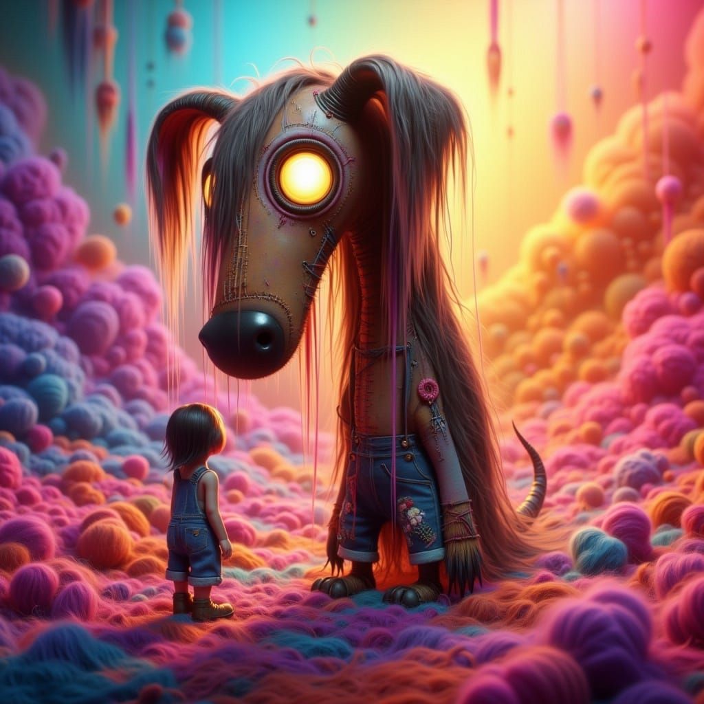 Surreal Whimsical Dachshund Watches Over Little Girl in Vibr...
