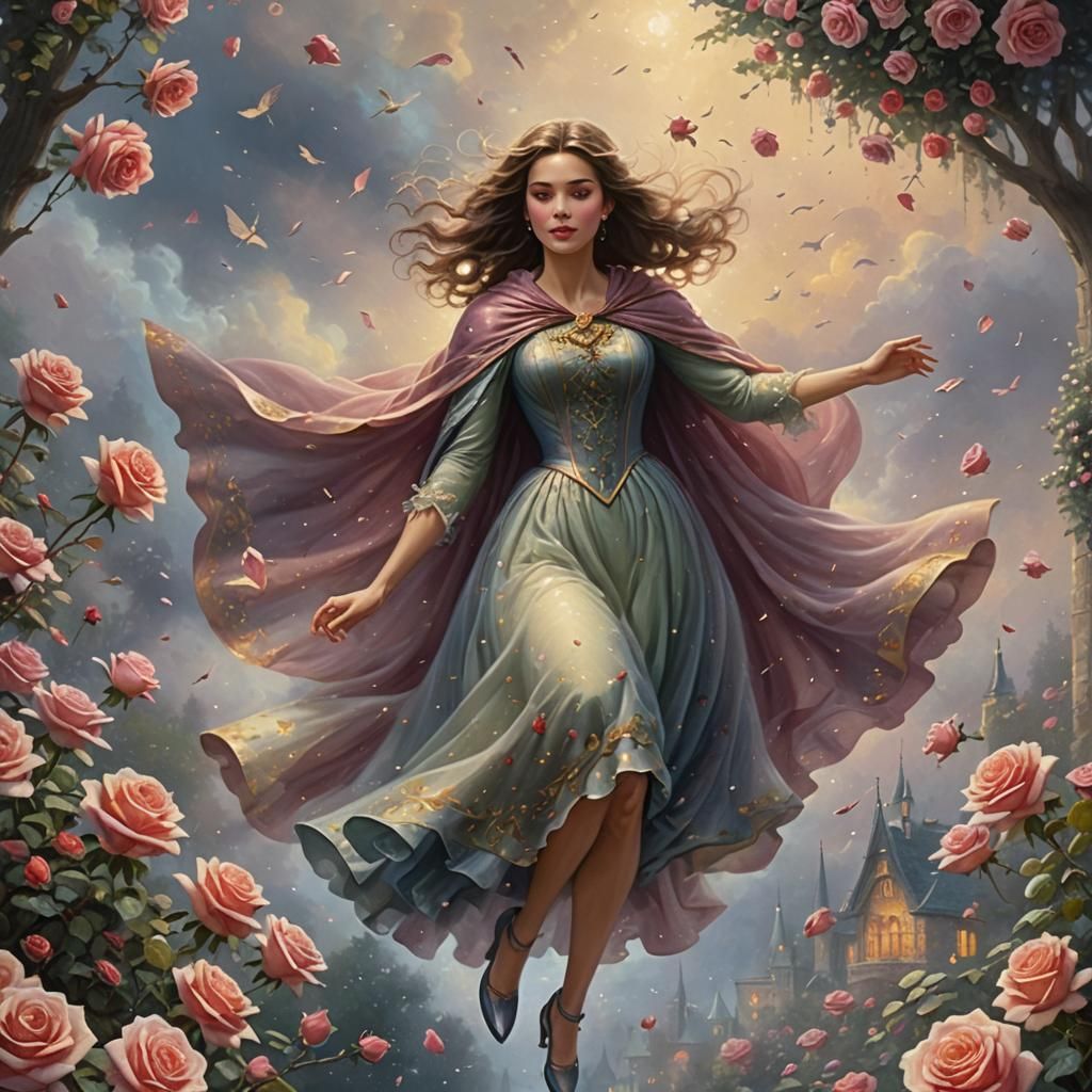 Woman Flying Through Roses in Ethereal Style