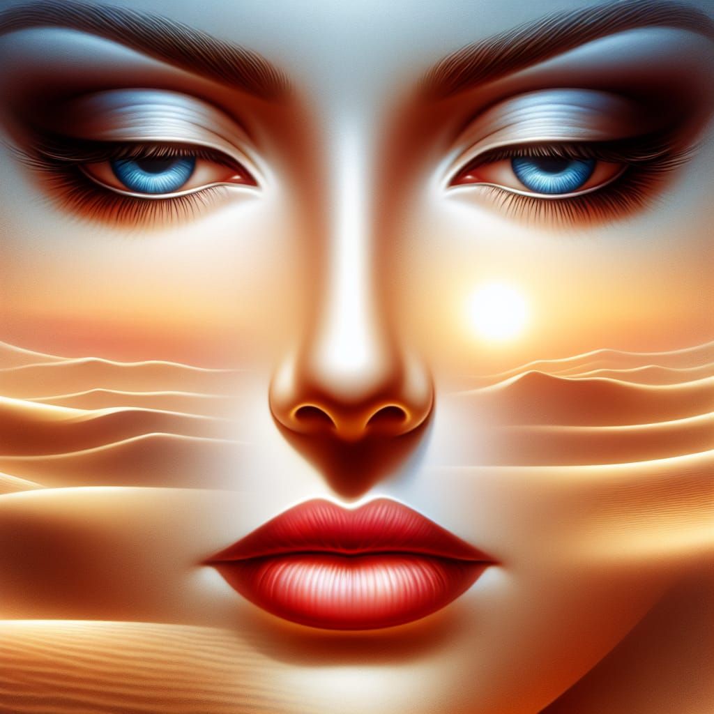 Serene Female Face Radiates Desert Sunset Glow