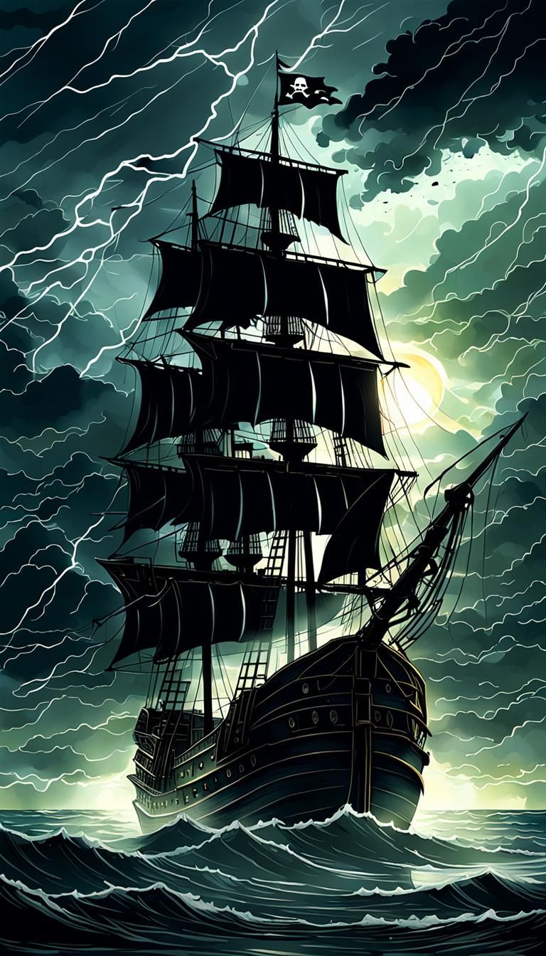 Ominous Anime Pirate Ship in Thunderstorm Seascape