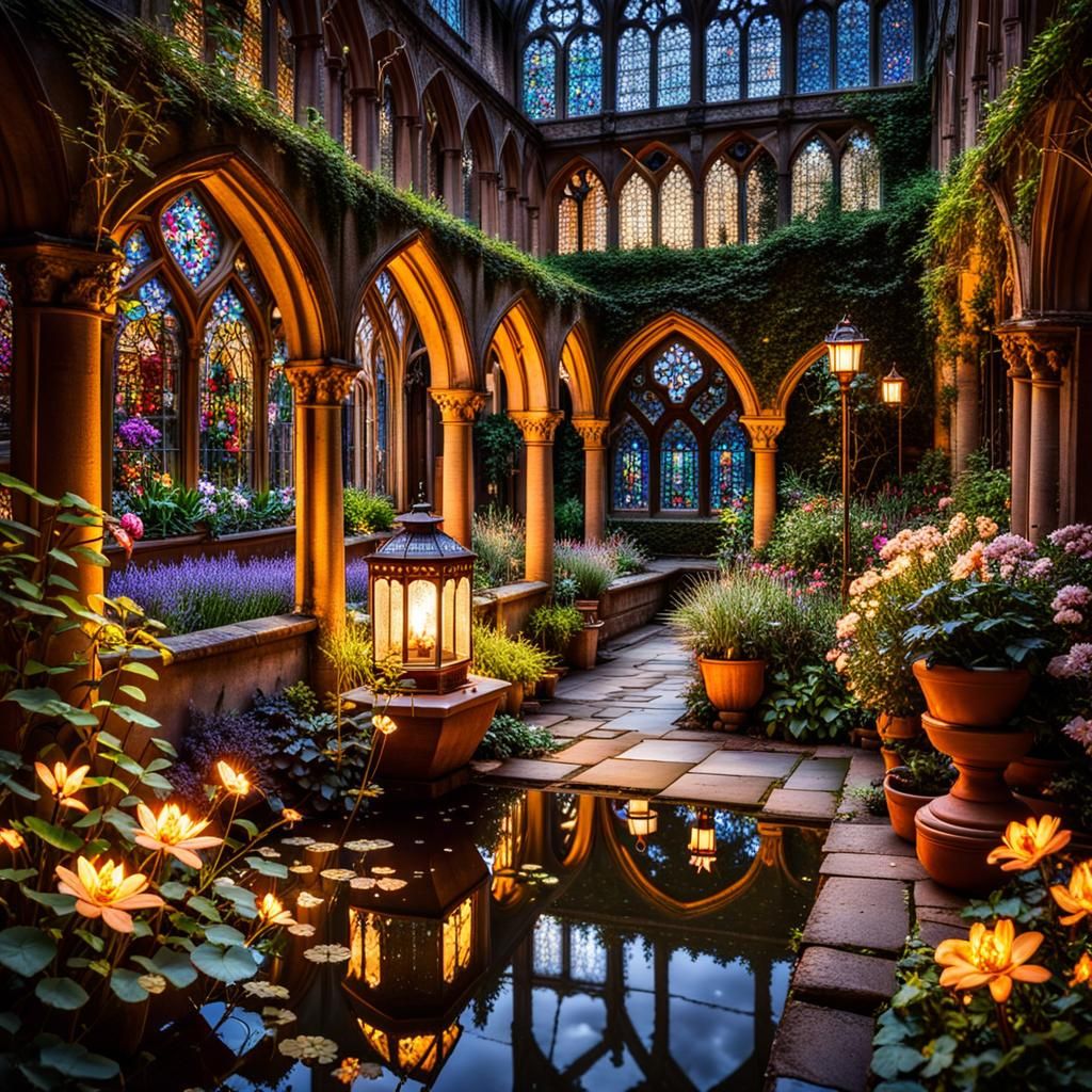 Enchanted Cloister Garden at Night in Ultra Detail