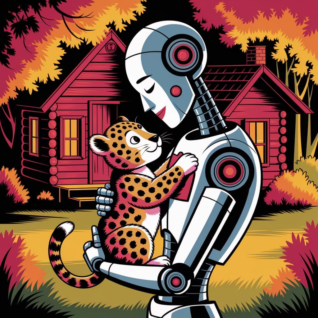 Whimsical Robot and Leopard Cub Folk Art Scene