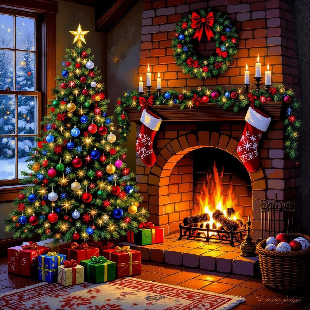 Cozy Christmas Fireplace Scene with Decorated Tree