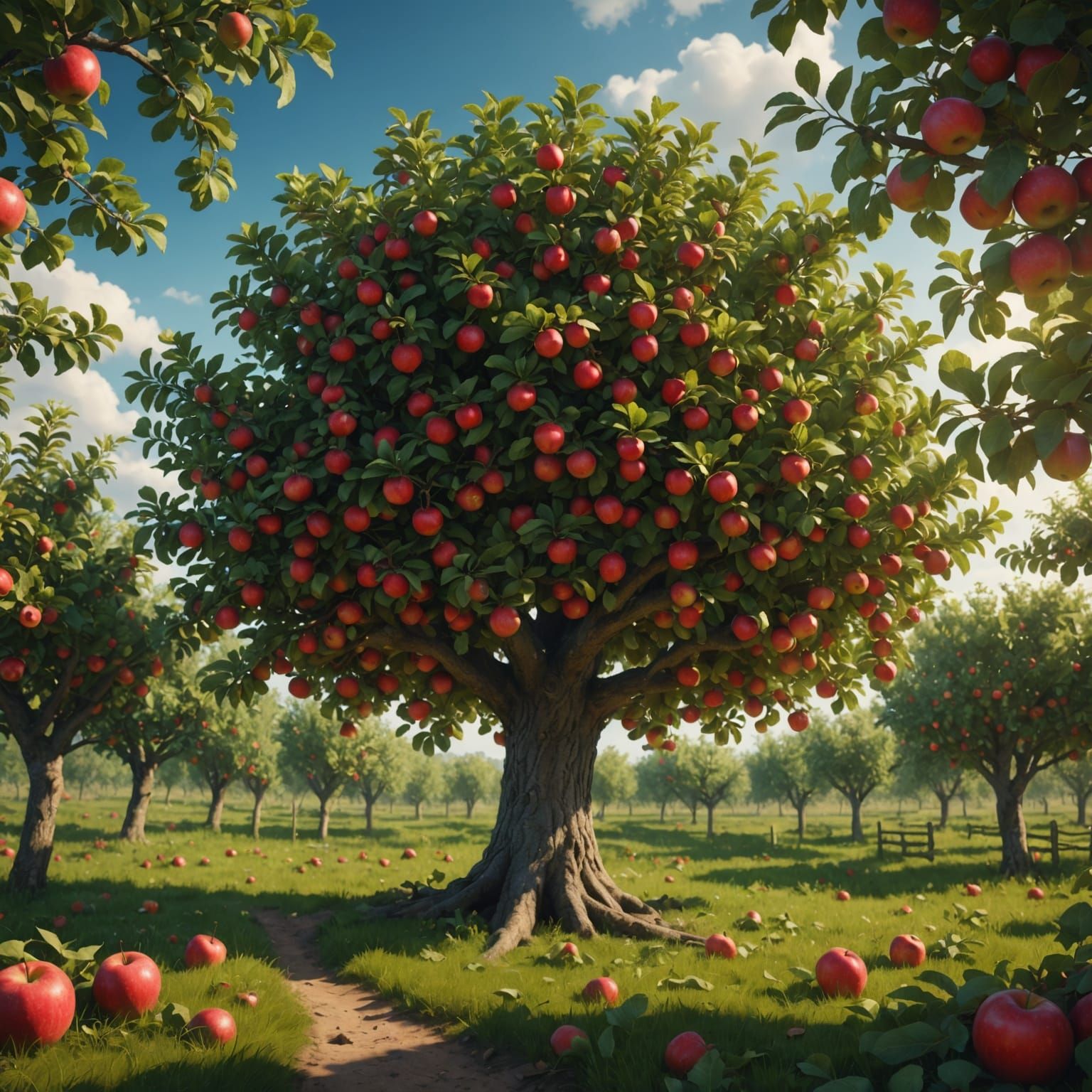 Majestic Apple Tree in Enchanting Orchard Landscape