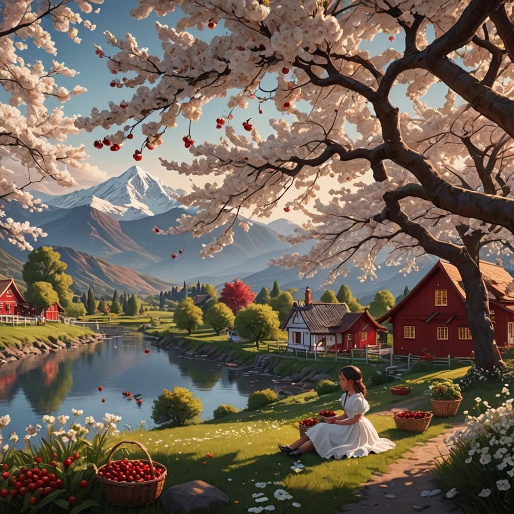 Girls Under Cherry Trees: Fantasy Matte Painting
