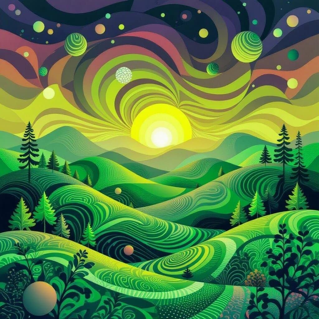 Green Forest Hills at Sunrise with Added Trees